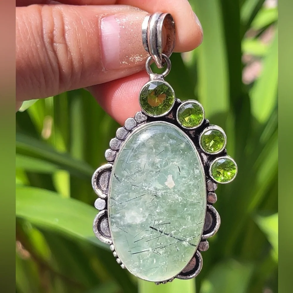 Silver plated‎ prehnite pendant